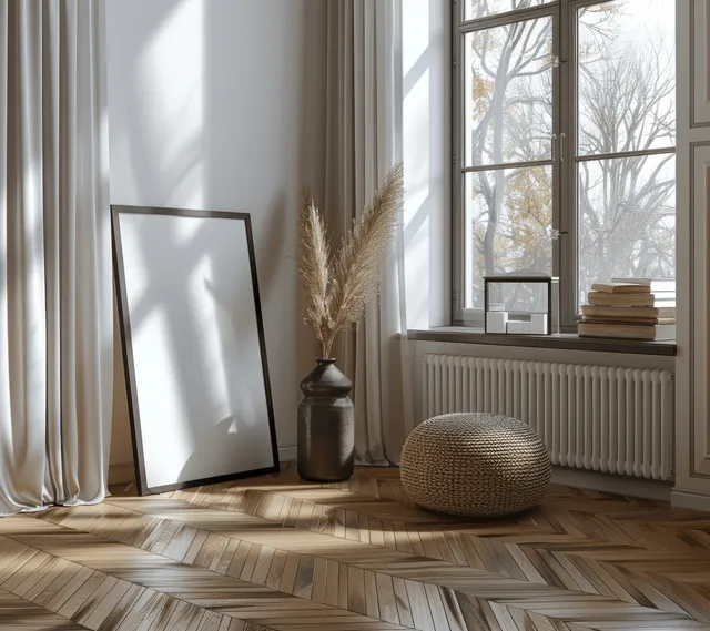 A4 black picture frame standing on oak herringbone floor beside large window curtains