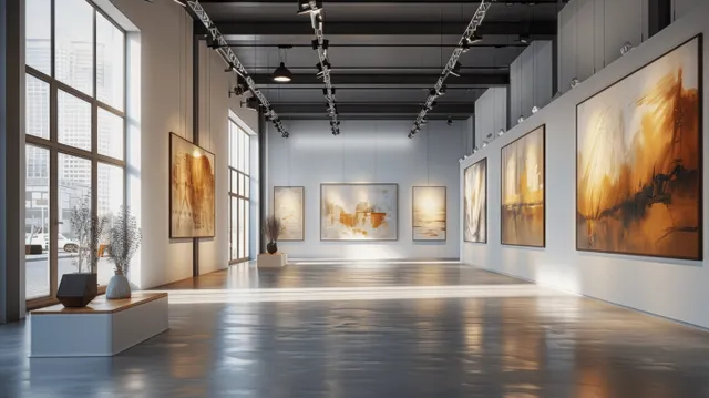 A bright industrial art gallery corridor with framed paintings along concrete walls and large windows.