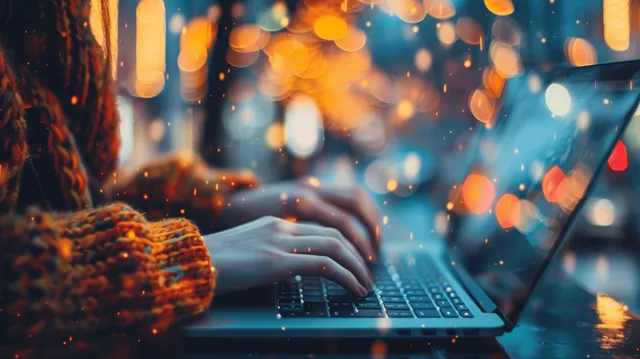 Hands typing on a laptop at night, signing digital content policy with winter bokeh lights
