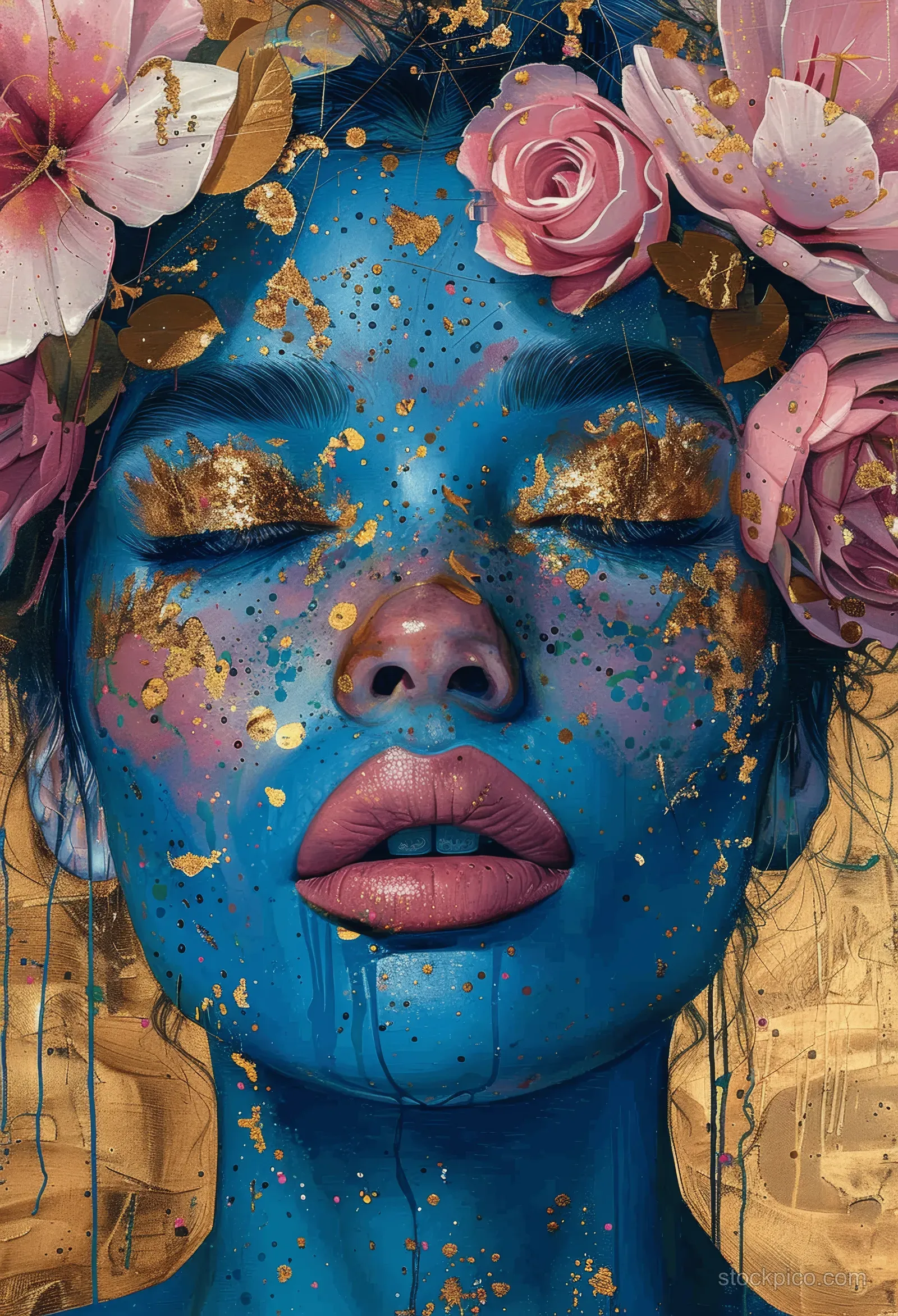 A blue-skinned woman with flower crown and gold glitter details in a textured, mural-like portrait.
