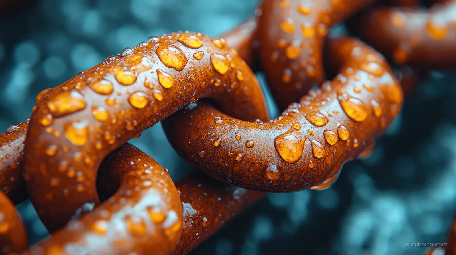 Rusty orange chain links covered with small water droplets on worn metal in shallow focus.