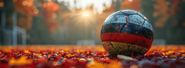 A soccer ball with a German flag pattern rests on autumn leaves under warm sunset light.