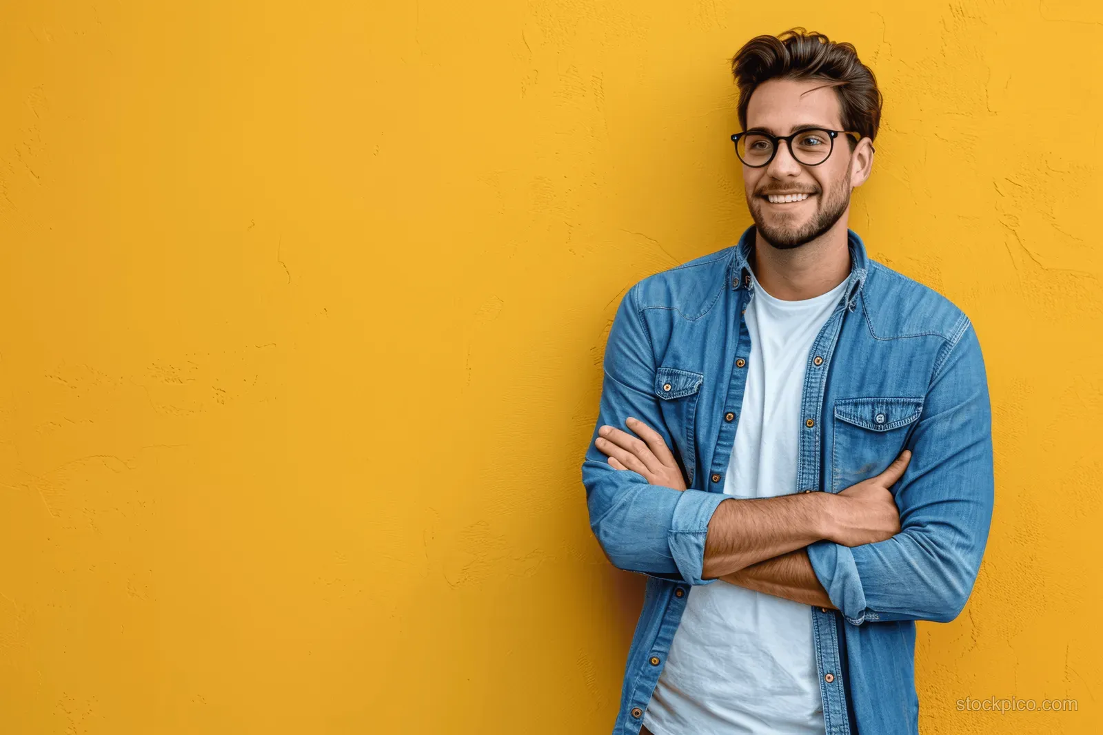 Smiling man in blue shirt and glasses holding a laptop on a bright yellow studio background.