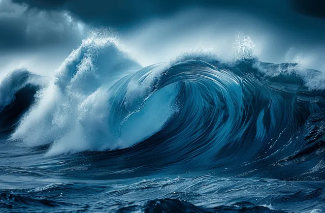 Massive blue ocean wave barrel rolling forward with white foam spray and stormy sky