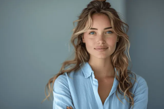 Blonde woman in light blue shirt posing confidently toward camera with soft neutral studio background