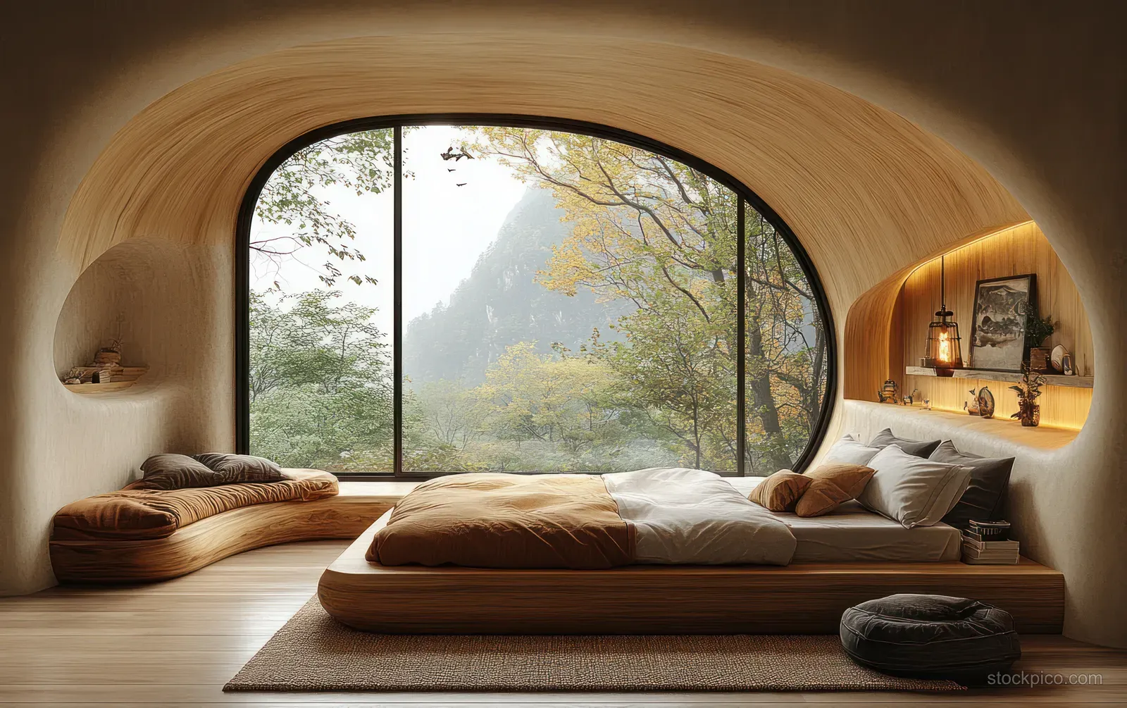 Minimalist bedroom with curved window, daylight, wooden bed, and stacked pillows on a light rug.
