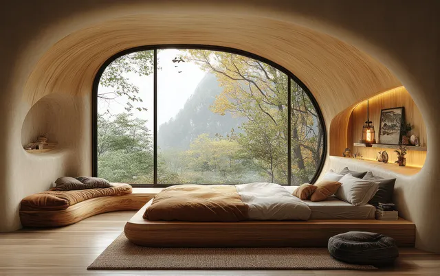 Minimalist bedroom with curved window, daylight, wooden bed, and stacked pillows on a light rug.
