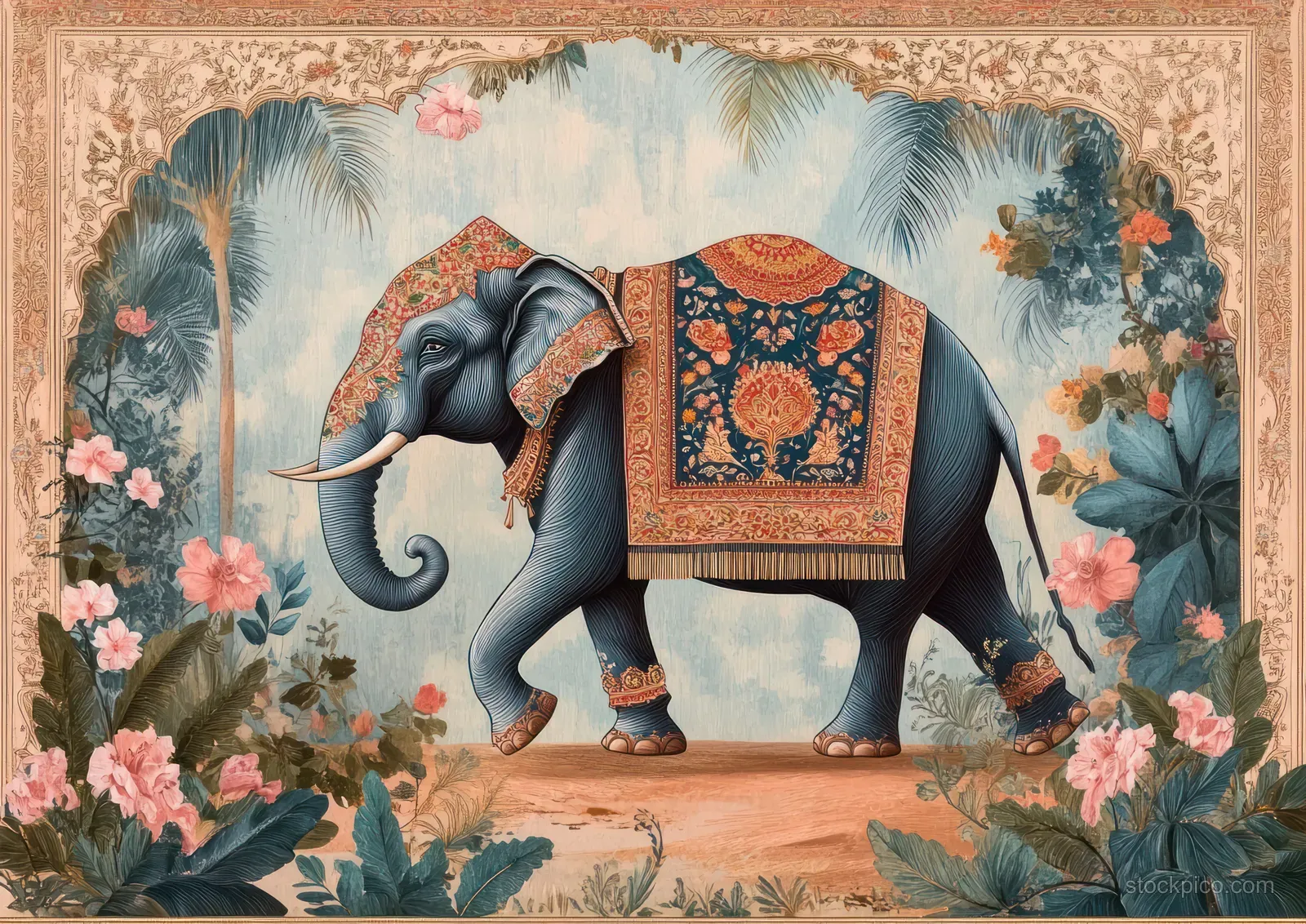 An ornate elephant is framed by pastel flowers and Mughal-style textile artwork with palm leaves and decorative borders.