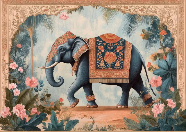 An ornate elephant is framed by pastel flowers and Mughal-style textile artwork with palm leaves and decorative borders.
