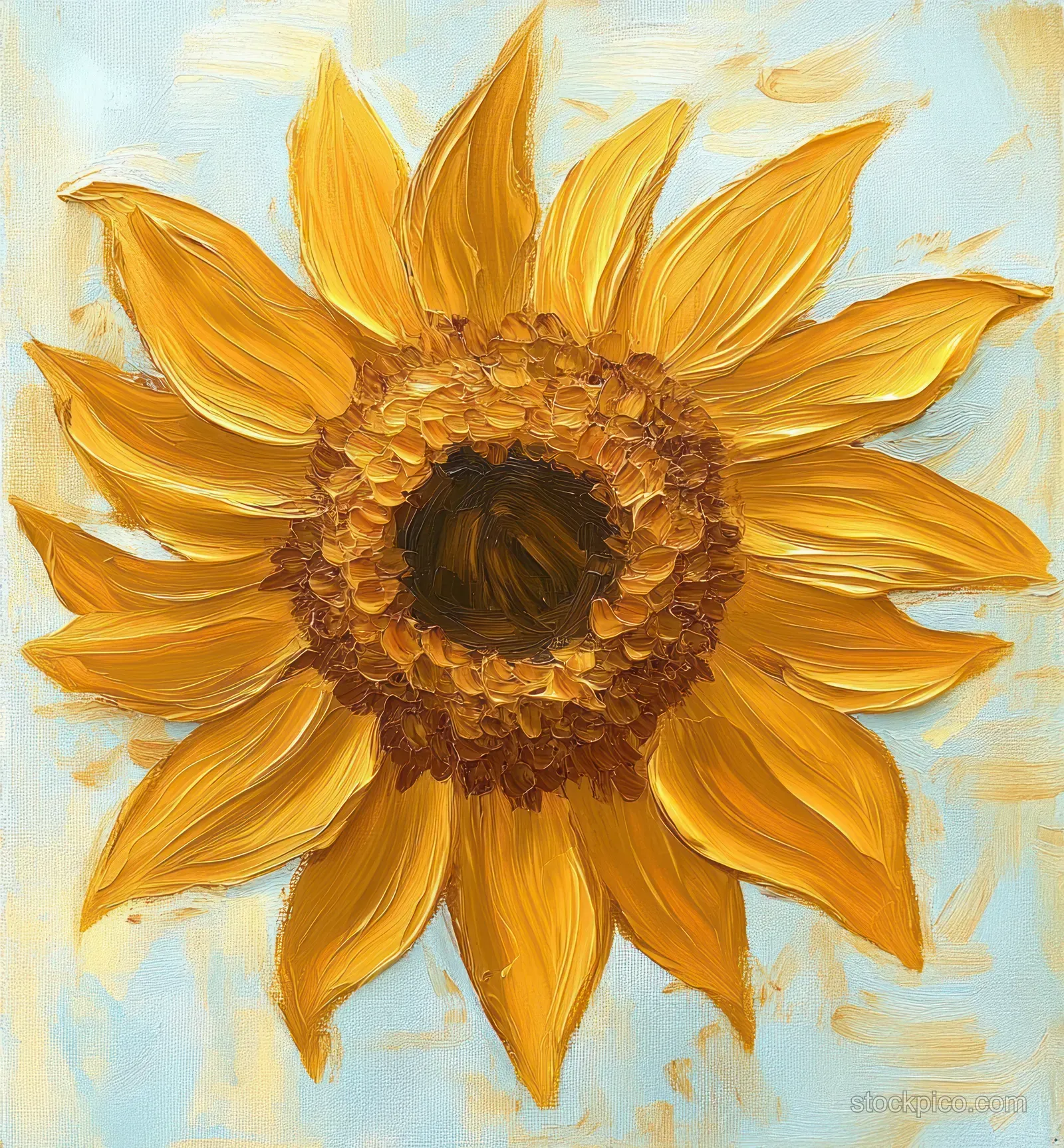 A close-up of a vibrant sunflower with textured golden petals and a warm brown center against a soft blue and cream background.