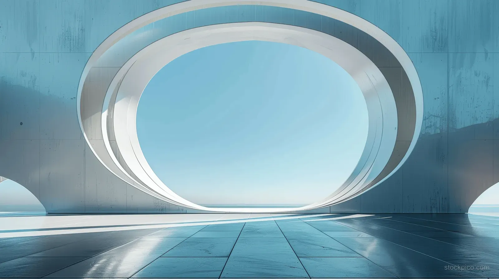 A concrete tunnel with a circular skylight opening and bright light reflecting on the floor.