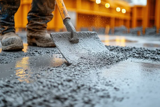 A worker spreads wet concrete on a floor using a shovel at a construction site.