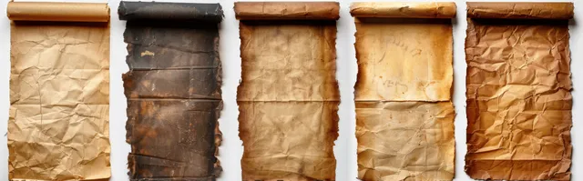 Aged blank parchment scrolls laid on surface, top-down view with worn grunge edges