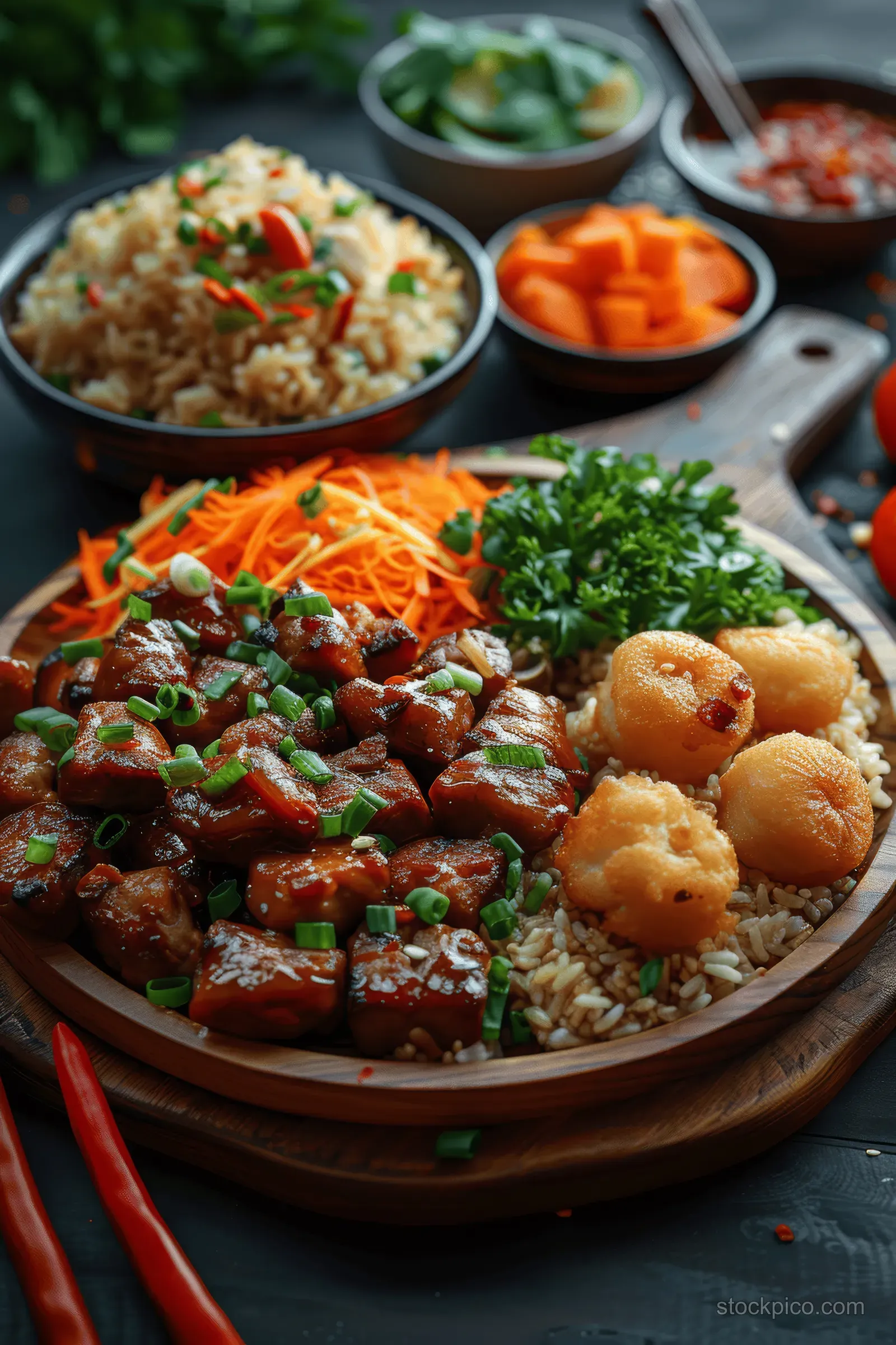 Top view of Asian dishes with rice, meat, vegetables, and garnishes on a dark table.