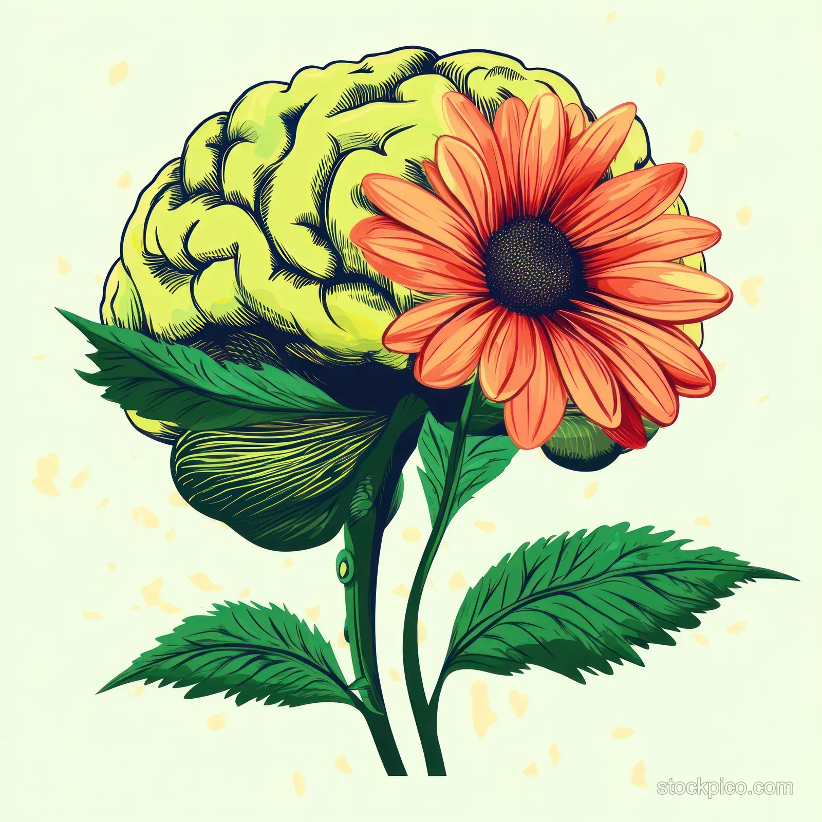 Illustrated brain forms the green leaves around a bright orange flower with spring colors.