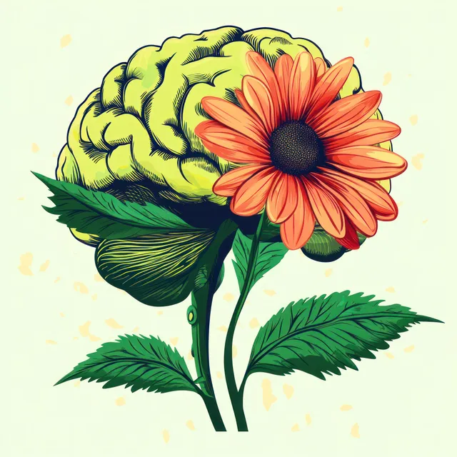 Illustrated brain forms the green leaves around a bright orange flower with spring colors.