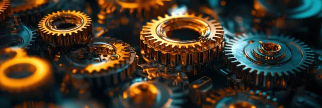 Interlocking metallic gears are shown in close-up under warm golden and cool blue lighting.