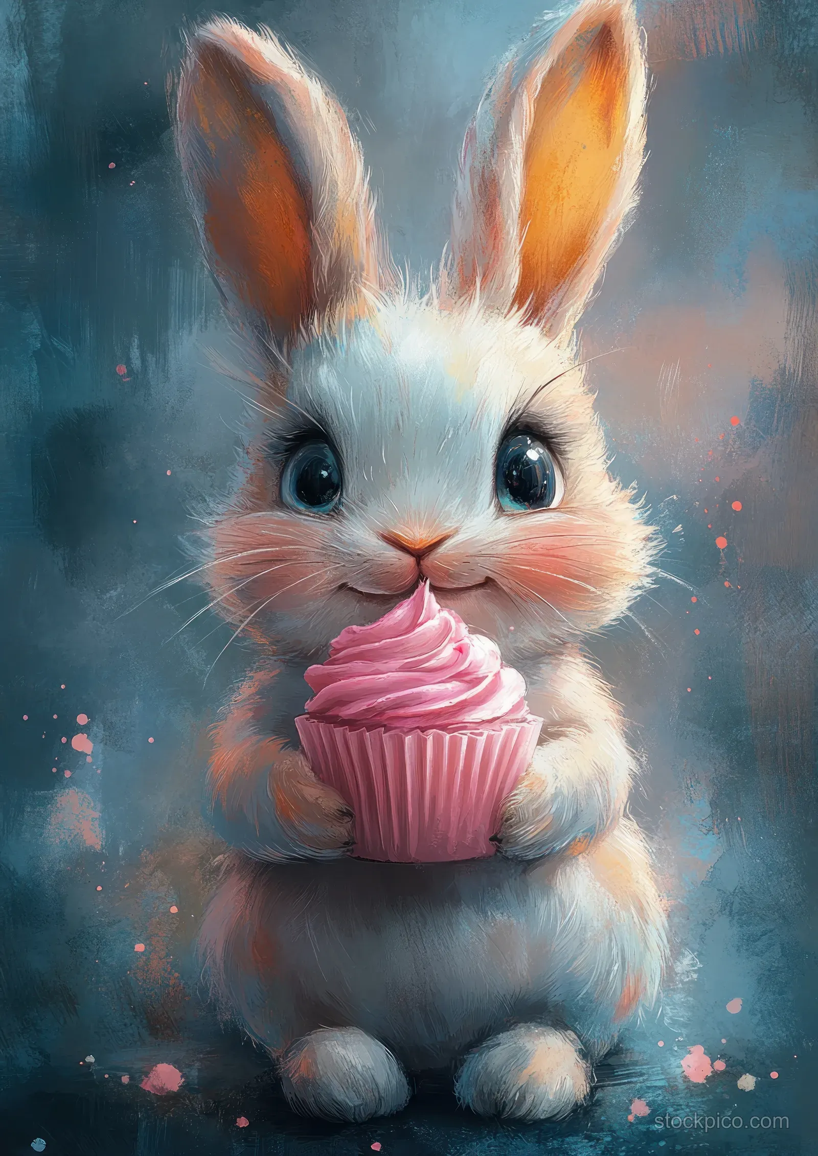 A cute watercolor bunny holding a pink cupcake against a soft sparkling bokeh background.
