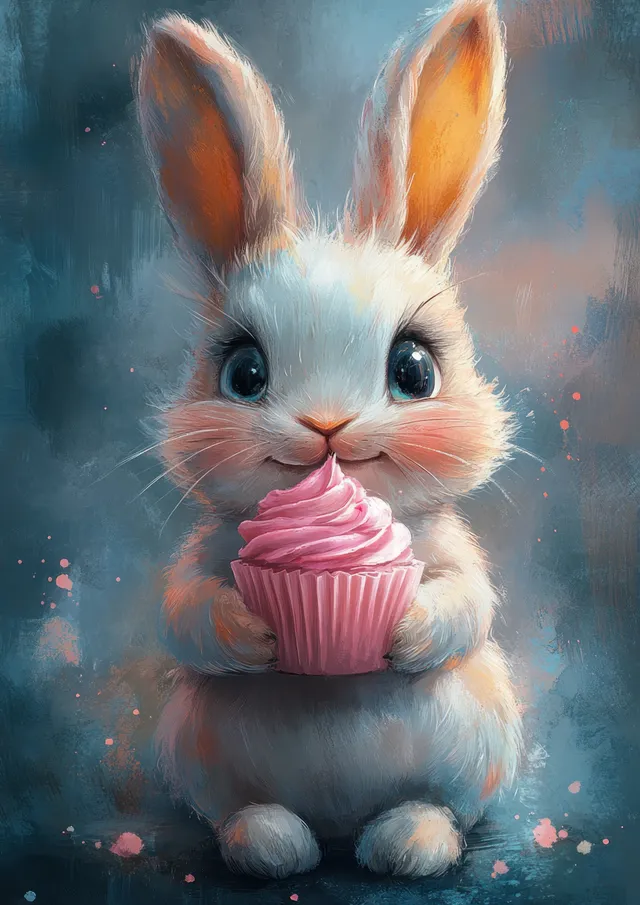 A cute watercolor bunny holding a pink cupcake against a soft sparkling bokeh background.