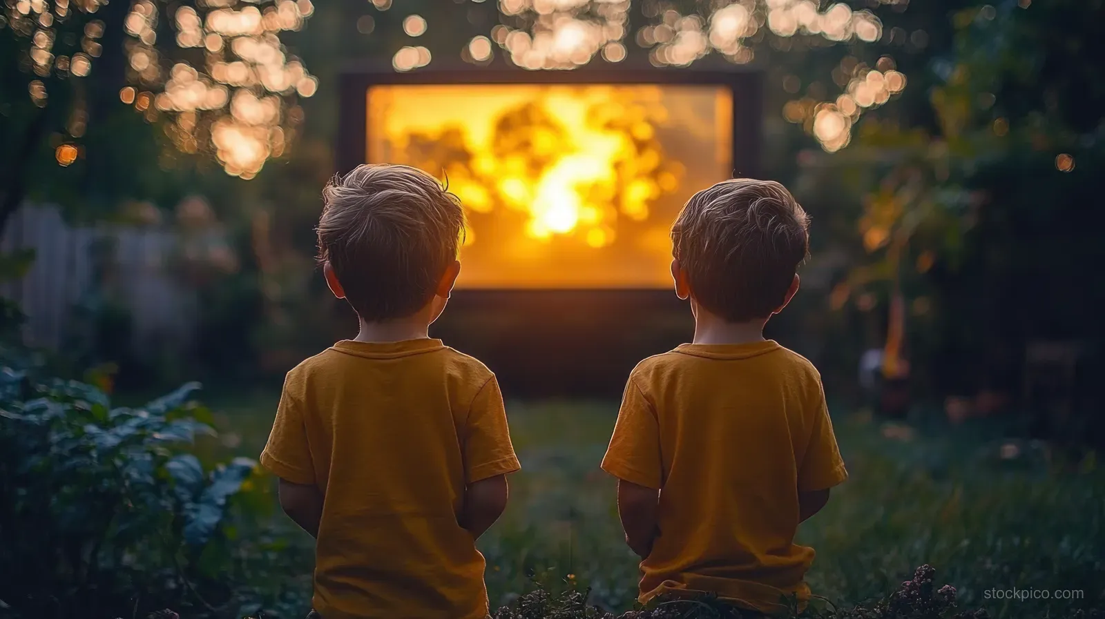Two boys sit on grass in a garden at dusk watching a glowing screen, with warm bokeh lights behind them.