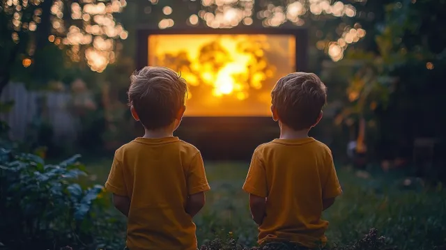 Two boys sit on grass in a garden at dusk watching a glowing screen, with warm bokeh lights behind them.