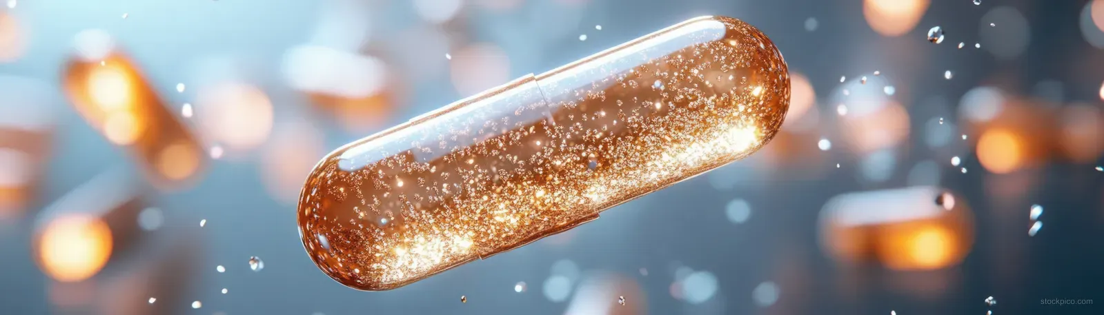 A glowing golden capsule floats above sparkling particles against a soft blue and orange bokeh background.