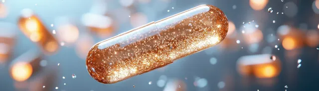 Glowing golden capsule pill floating above sparkling particles in blue-orange bokeh light