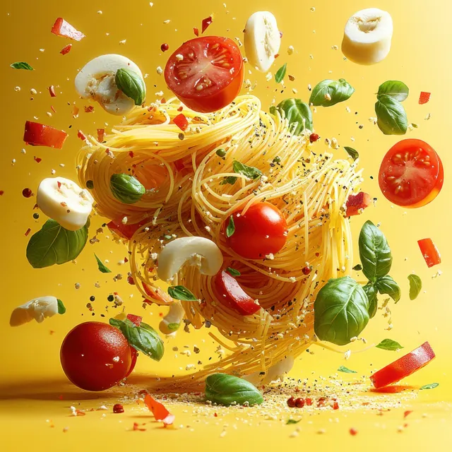 Uncooked spaghetti floats with cherry tomatoes, basil leaves, sliced mushrooms, and spices on a bright yellow background.