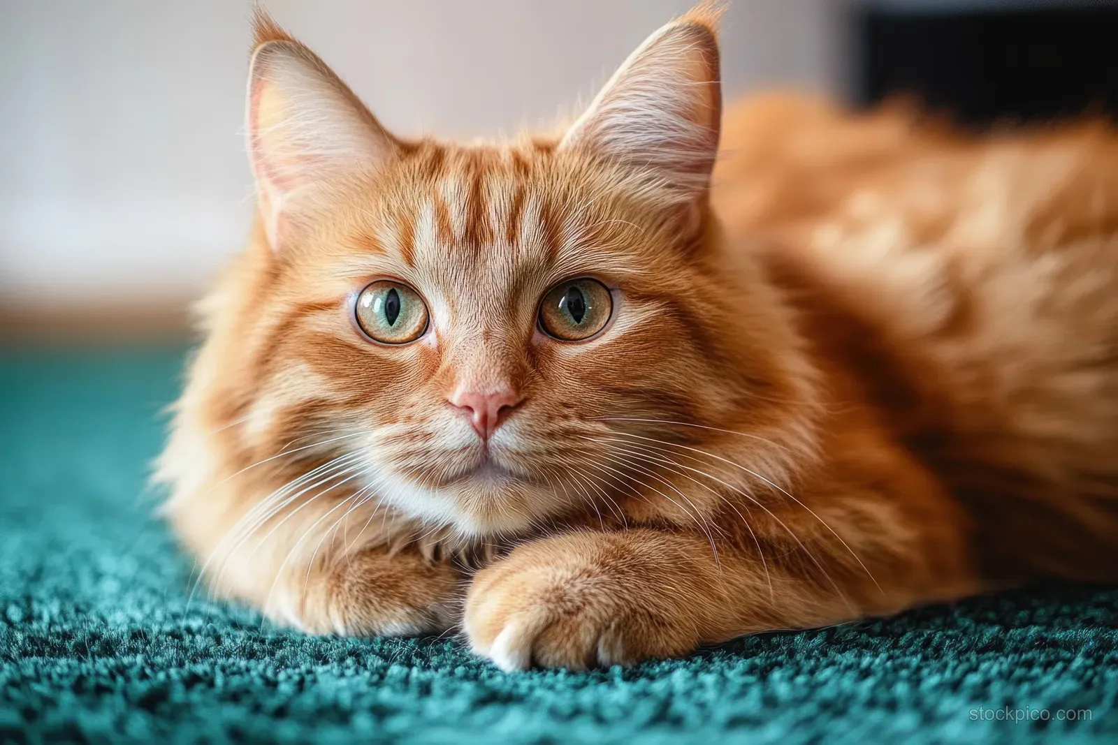 Fluffy orange tabby cat resting on a textured green carpet with a calm, watchful expression.