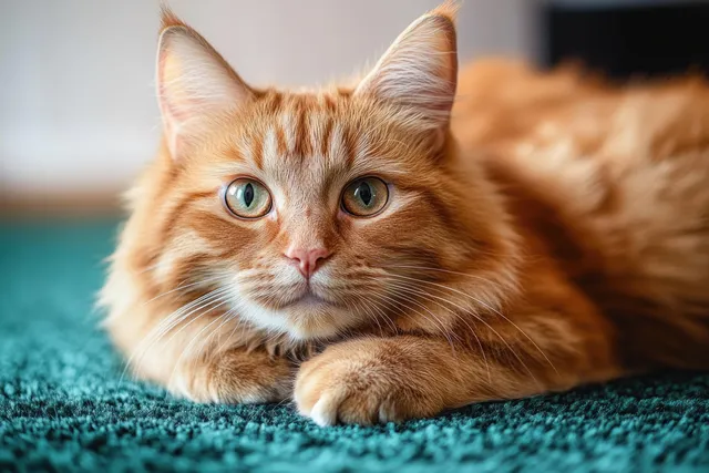 Fluffy orange tabby cat resting on a textured green carpet with a calm, watchful expression.