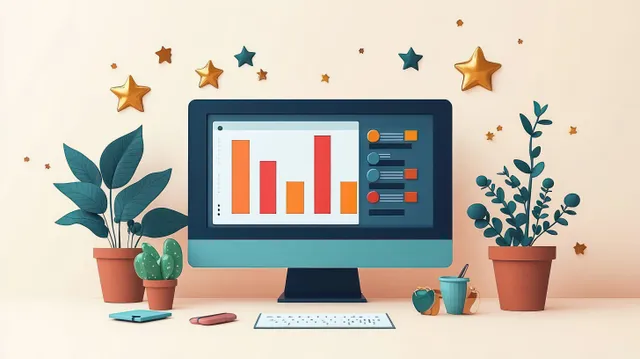 Desktop monitor displaying colorful bar chart with plants and star decals on a tidy desk
