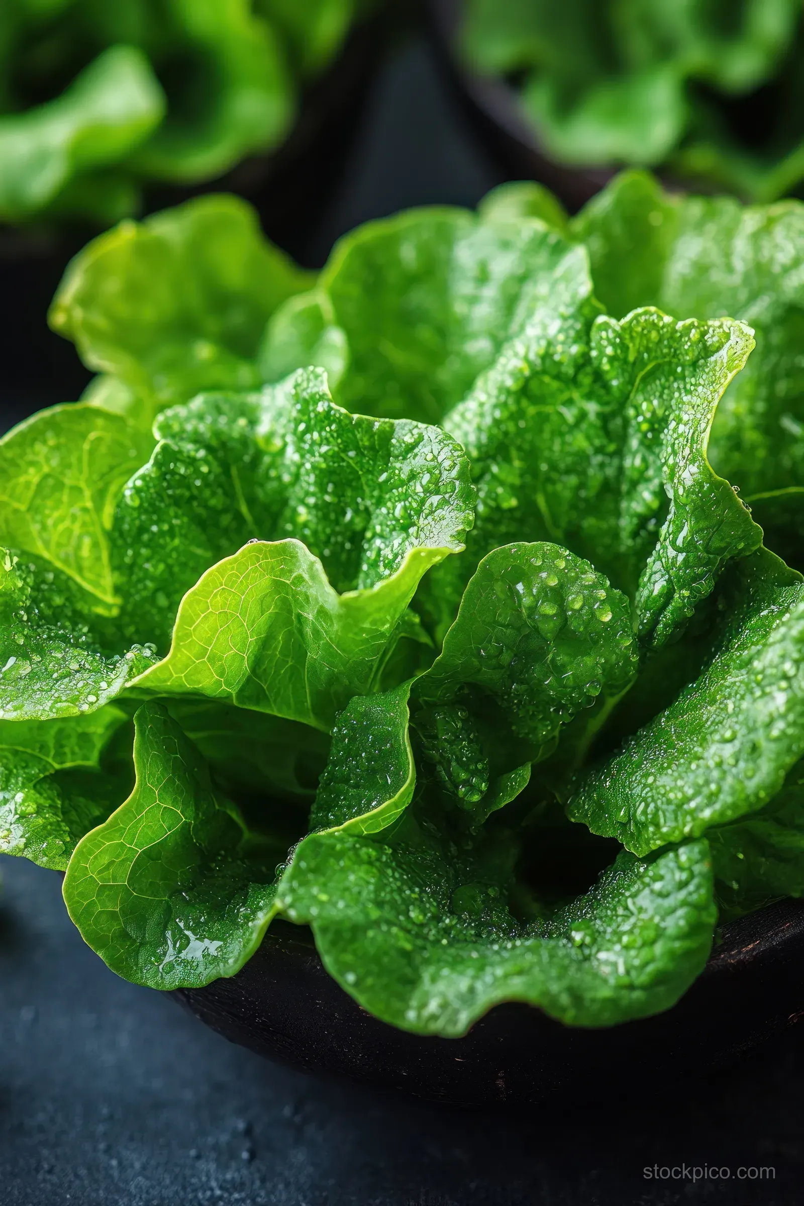 Fresh green lettuce leaves in macro closeup with glossy texture and soft natural light on a dark surface.
