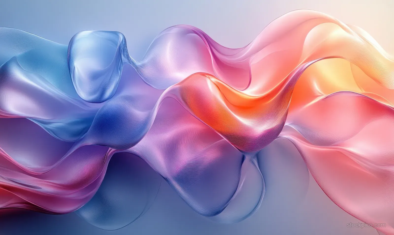 Iridescent translucent glass wave curves shimmer with blue, pink, and purple refraction across a smooth gradient background.