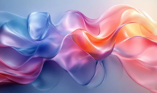 Iridescent translucent glass waves with colorful refraction on smooth gradient background