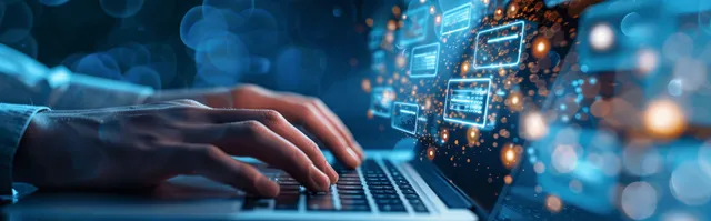 Hand typing on laptop with floating document icons and checkmarks in cyberspace