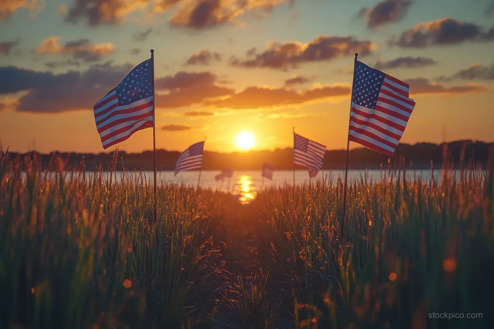 American flags wave in a cornfield at sunset with the sun reflecting on a distant horizon.