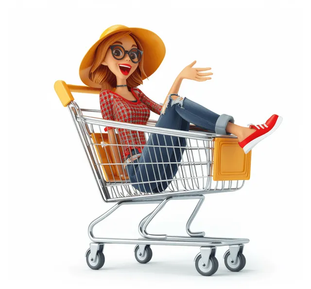 3D cartoon woman posing in shopping cart with hat and sunglasses on white studio background