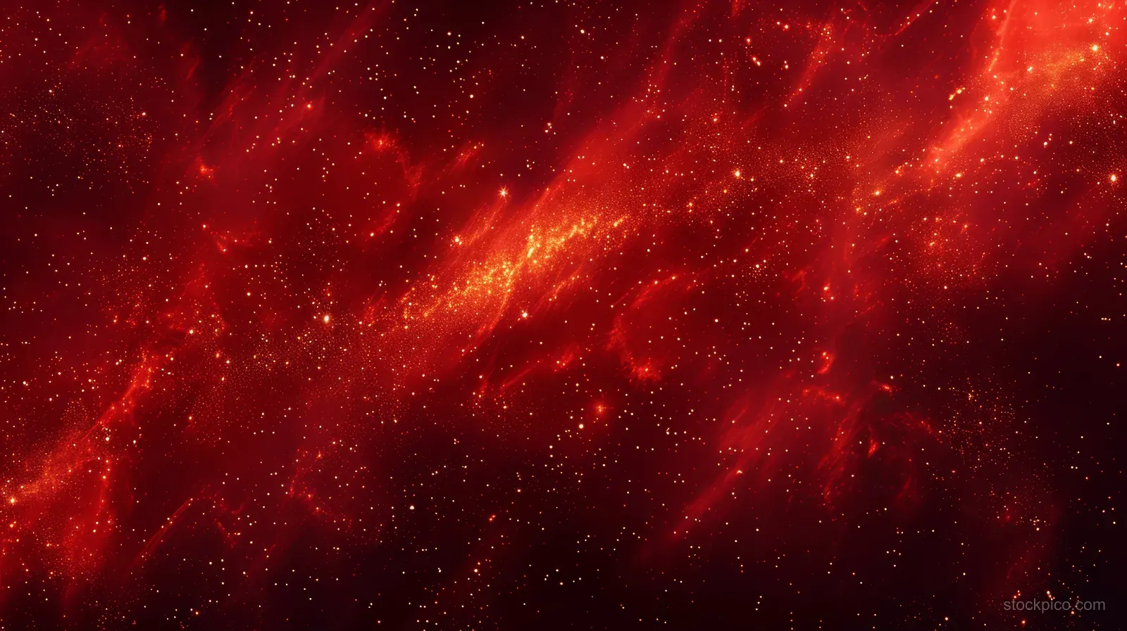 A red cosmic nebula swirl with scattered golden stars and glowing dust particles across a gradient space background.