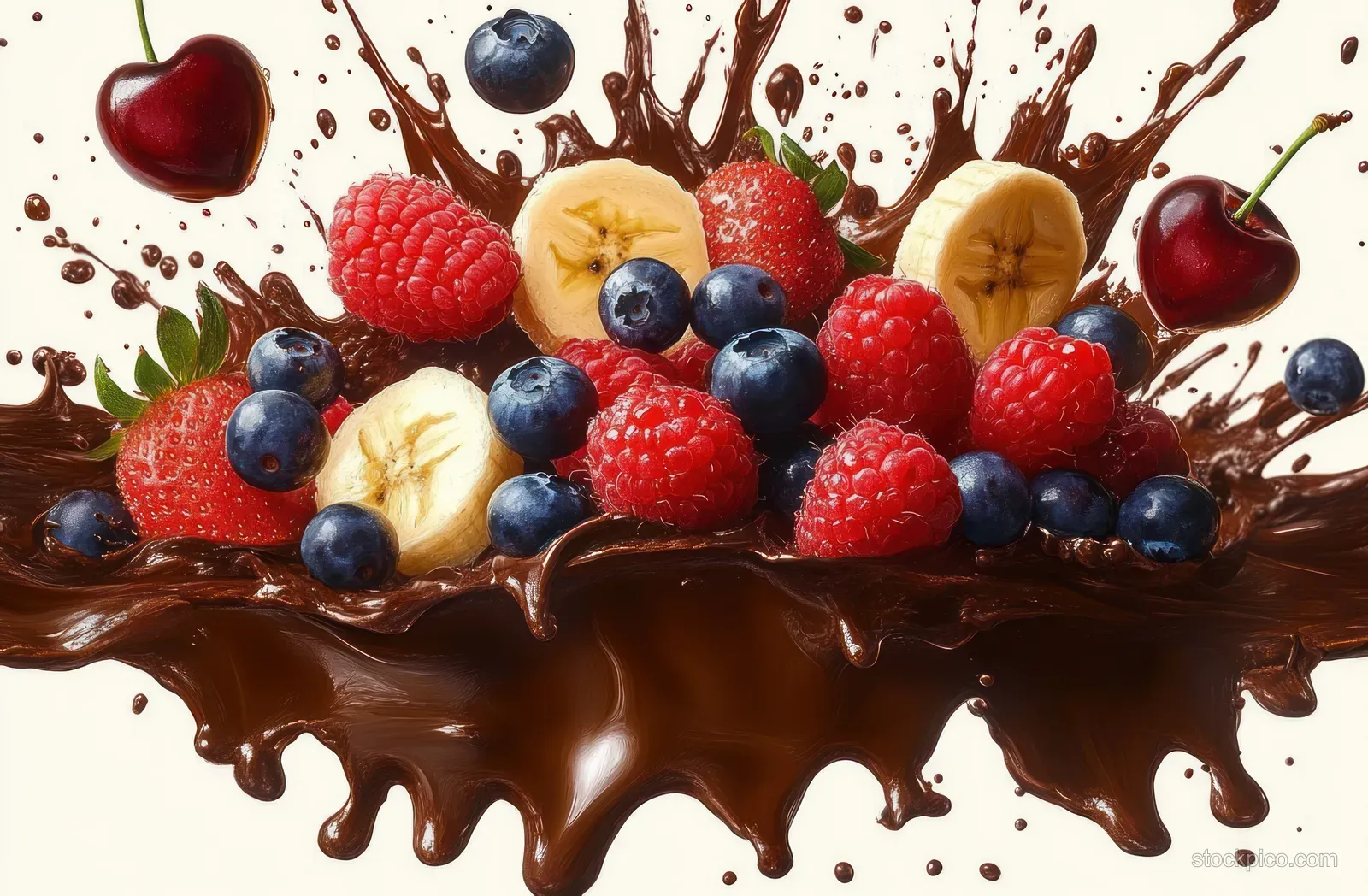 Mixed strawberries, blueberries, raspberries, and banana slices splash into flowing chocolate with visible droplets.