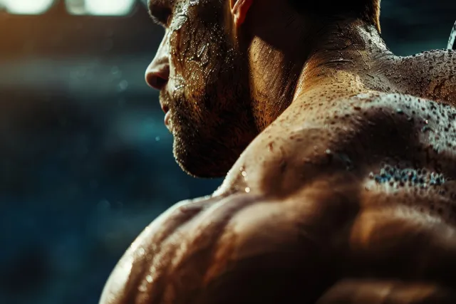 German discus thrower preparing with sweaty face and focused eyes in a track and field stadium close-up.
