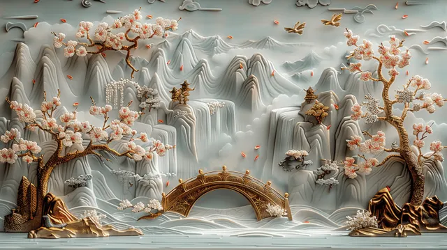 3D stucco relief wall shows cherry blossom branches, mountains, a waterfall, and a golden arch bridge.