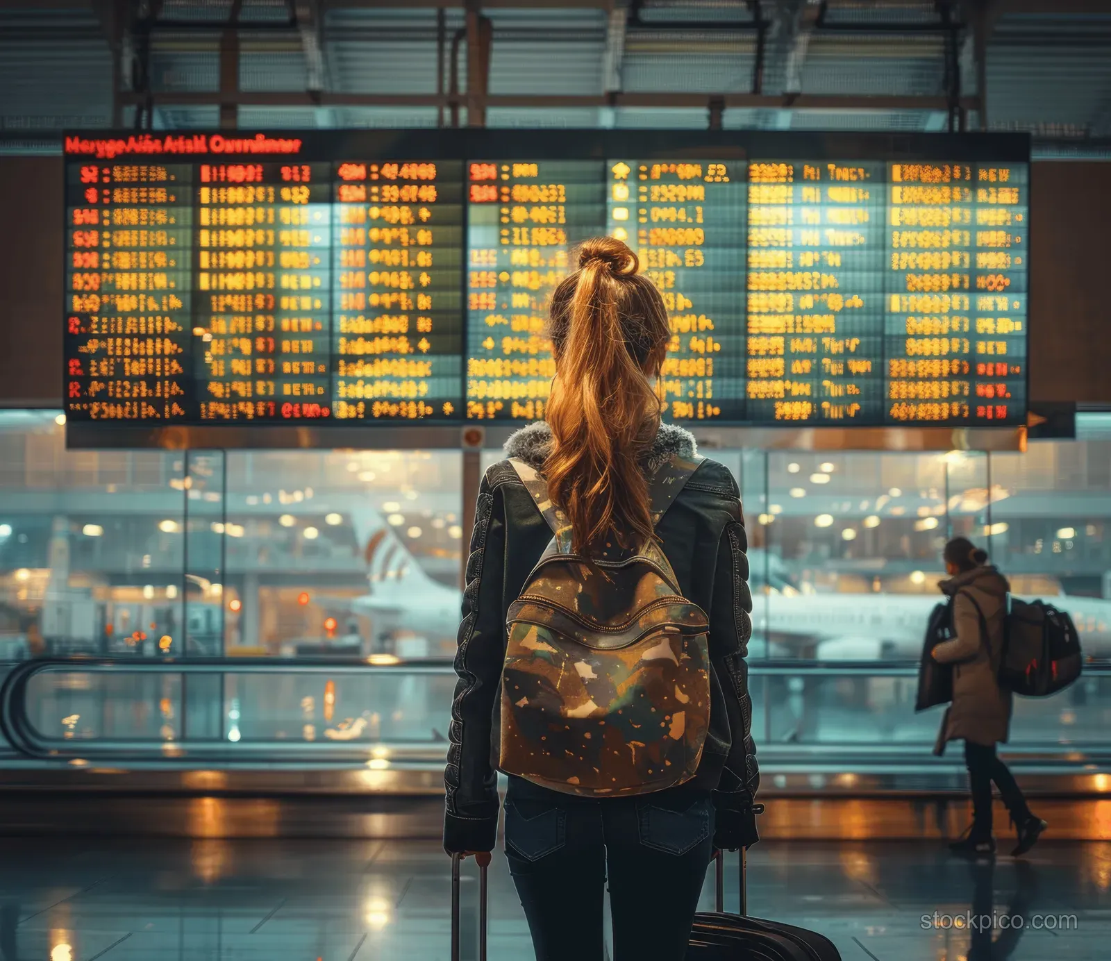 A young woman with a backpack looks at a glowing airport flight information board at dusk.