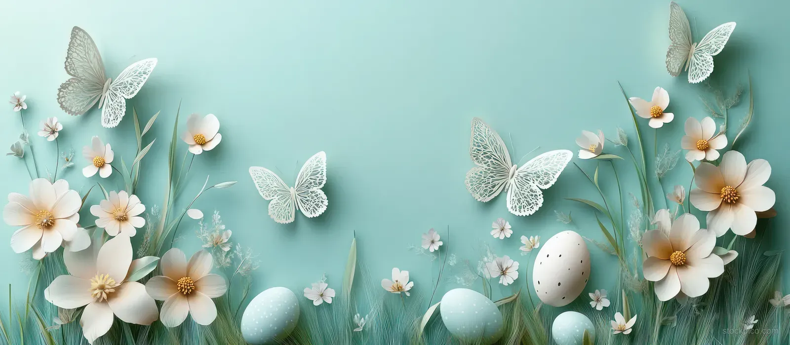 Paper-cut flowers, butterflies, and speckled eggs arranged on a soft teal background.