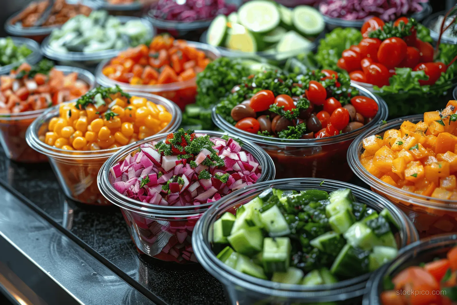 Colorful bowls on a vegan salad bar hold diced vegetables and cucumber slices in bright colors.
