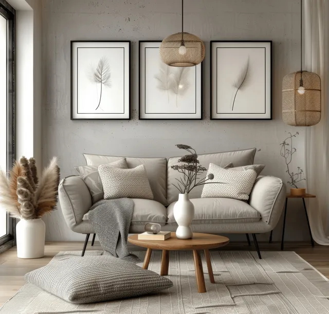 Gray sofa sits in a bright Scandinavian living room beneath black framed artwork and a wooden coffee table.