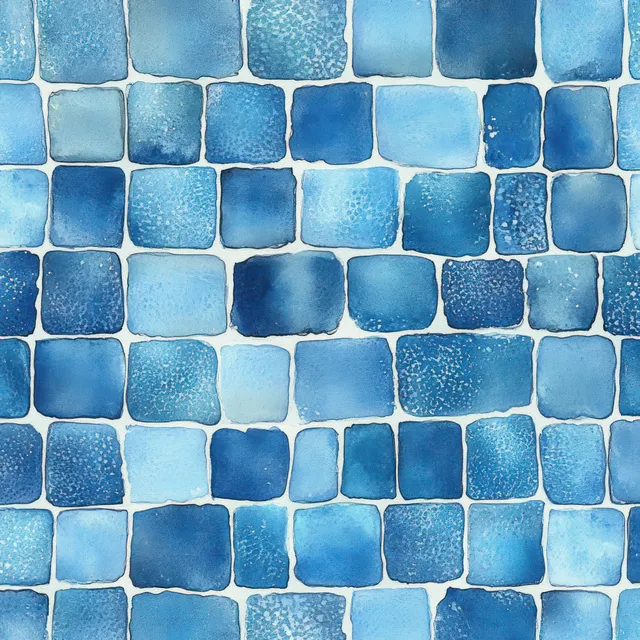 Padrão irregular de azulejos quadrados azuis em uma parede com superfícies texturizadas semelhantes à aquarela e suave variação de cor.