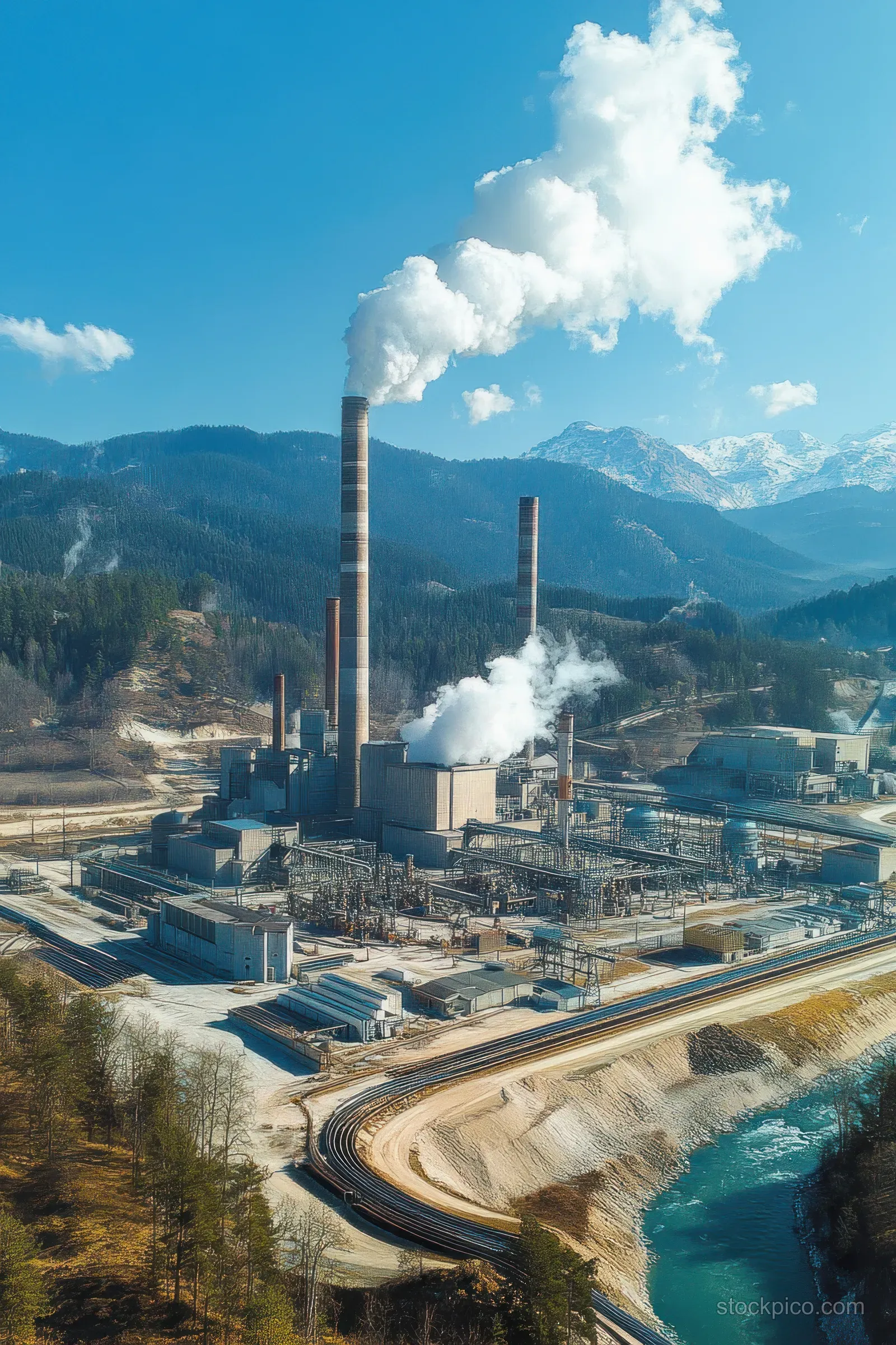 Industrial power plant smokestacks emit white steam near a winding river in a mountain valley under a clear sky.