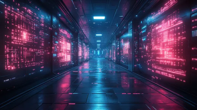 Neon cyberpunk server corridor with glowing holographic data charts reflected on the glossy floor.