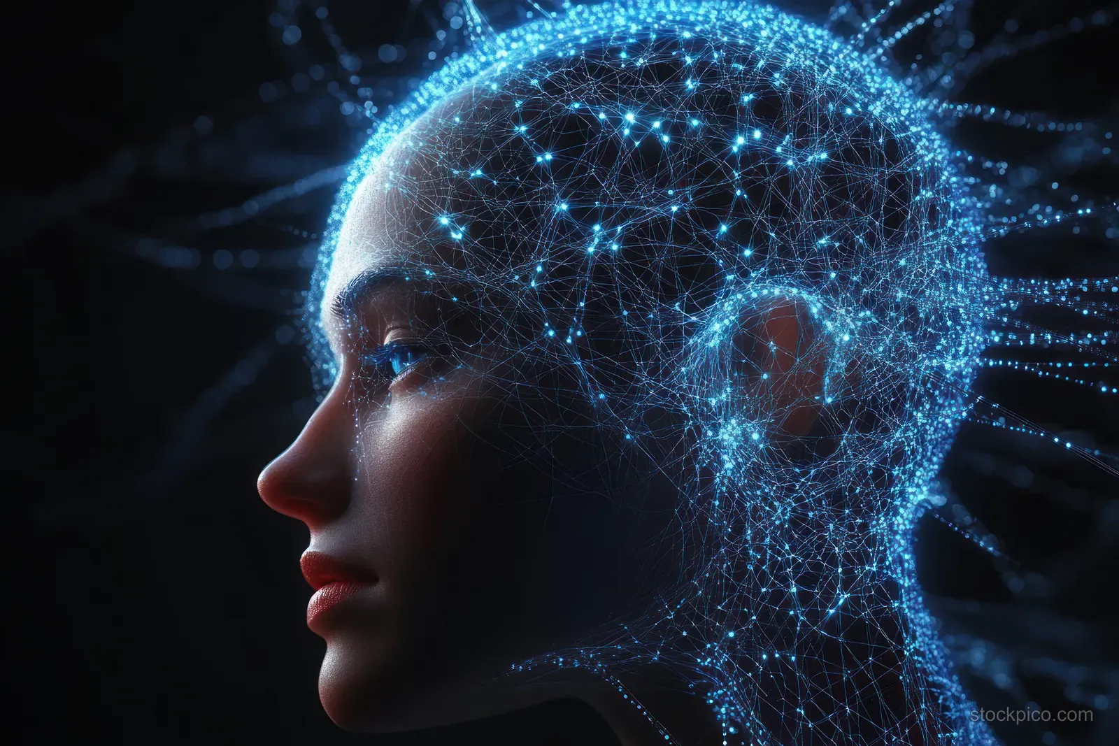 Side profile human head fitted with glowing neural electrodes amid futuristic blue brainwave network lines.