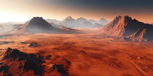 Mars red mountain range under orange sunset with swirling dust storm clouds near horizon